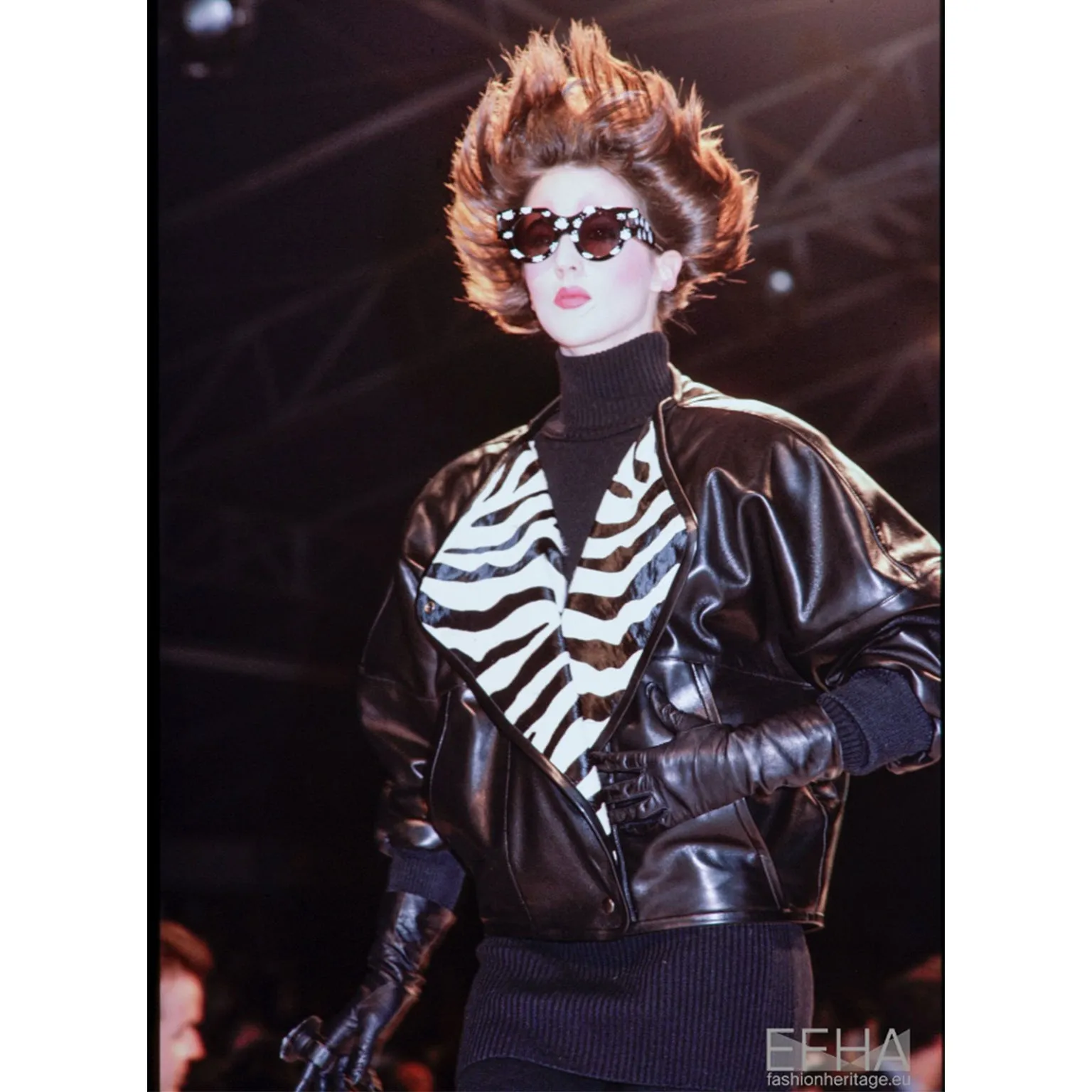 1985 Claude Montana Ideal Cuir Black Lamb Leather Runway Jacket W Zebra Pony Fur