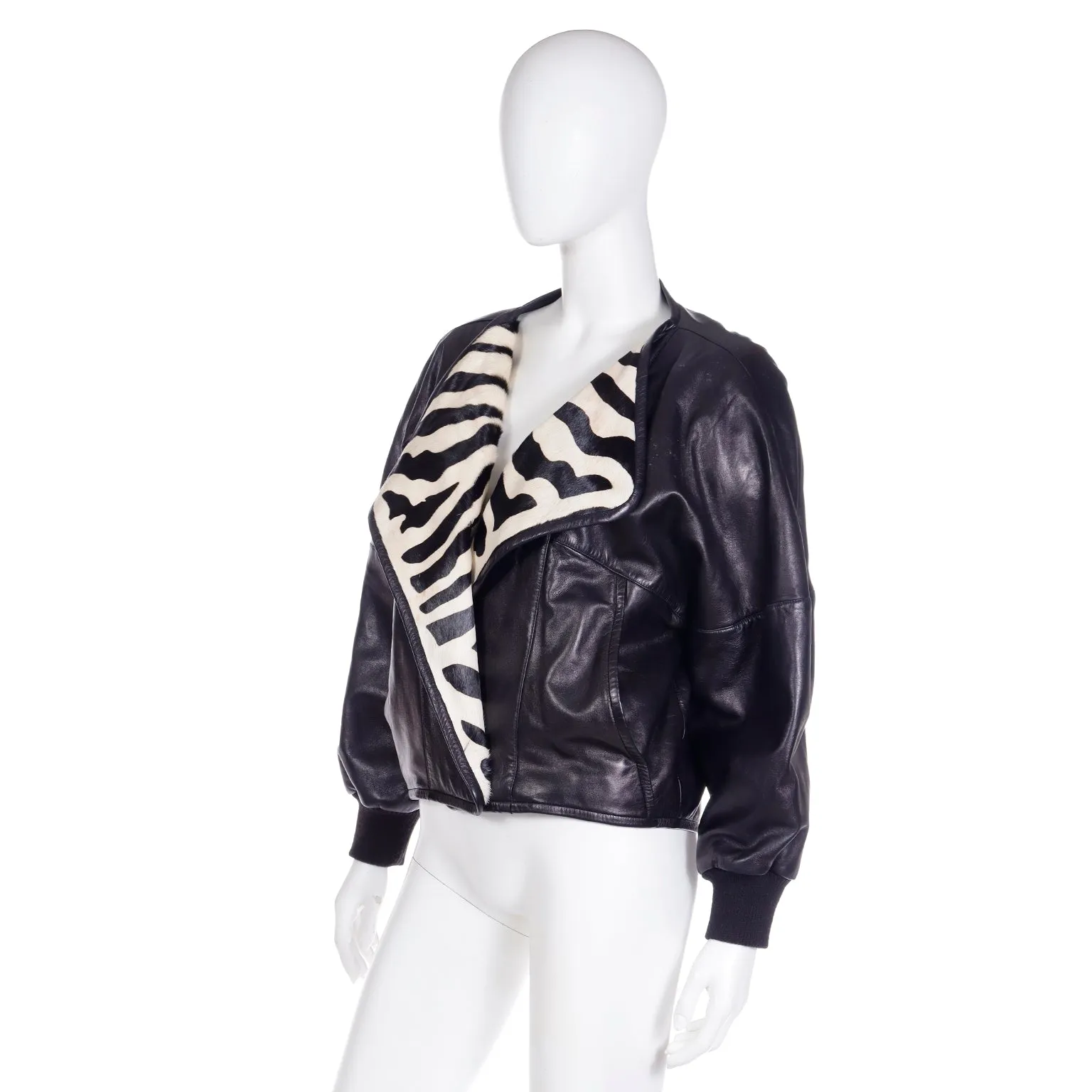 1985 Claude Montana Ideal Cuir Black Lamb Leather Runway Jacket W Zebra Pony Fur