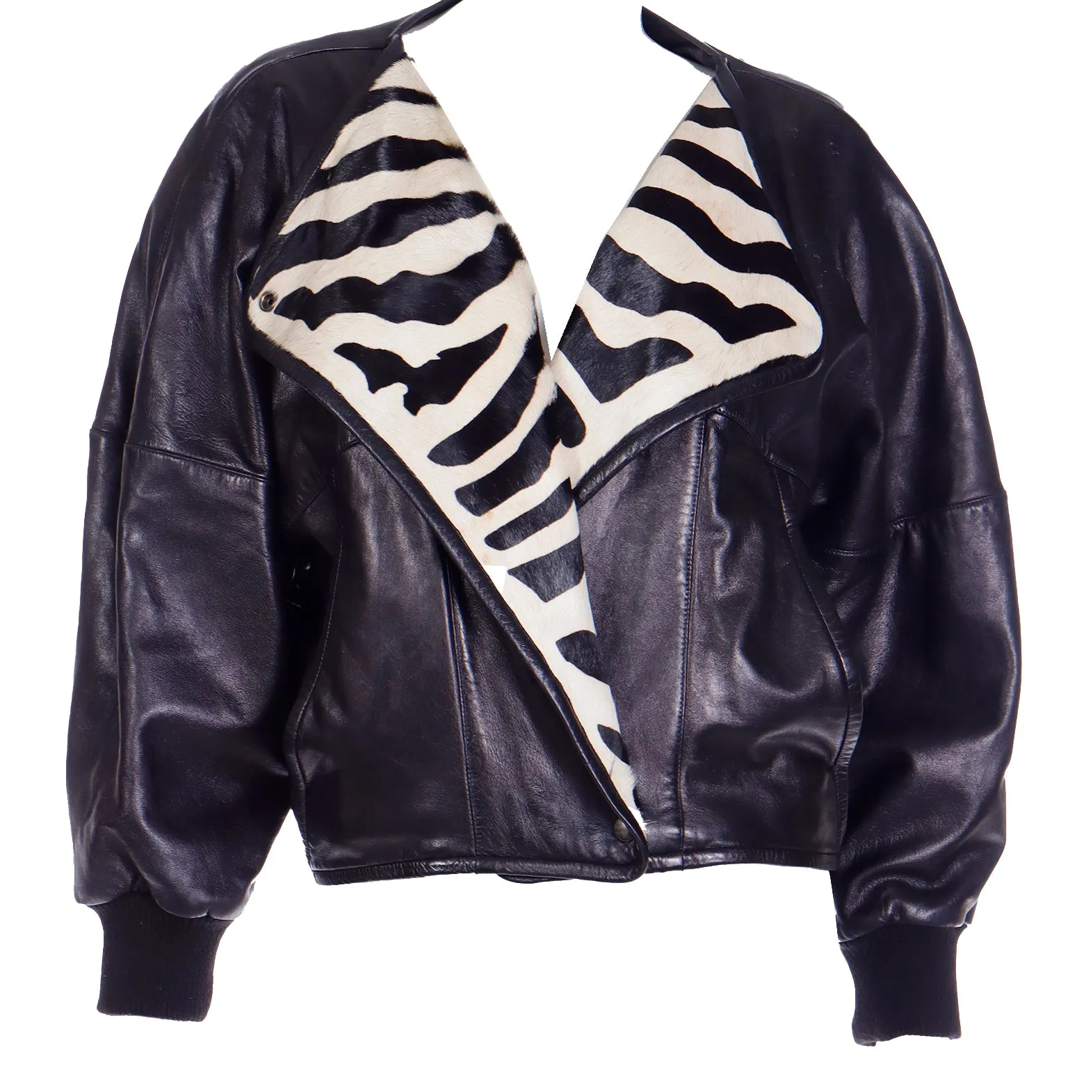 1985 Claude Montana Ideal Cuir Black Lamb Leather Runway Jacket W Zebra Pony Fur