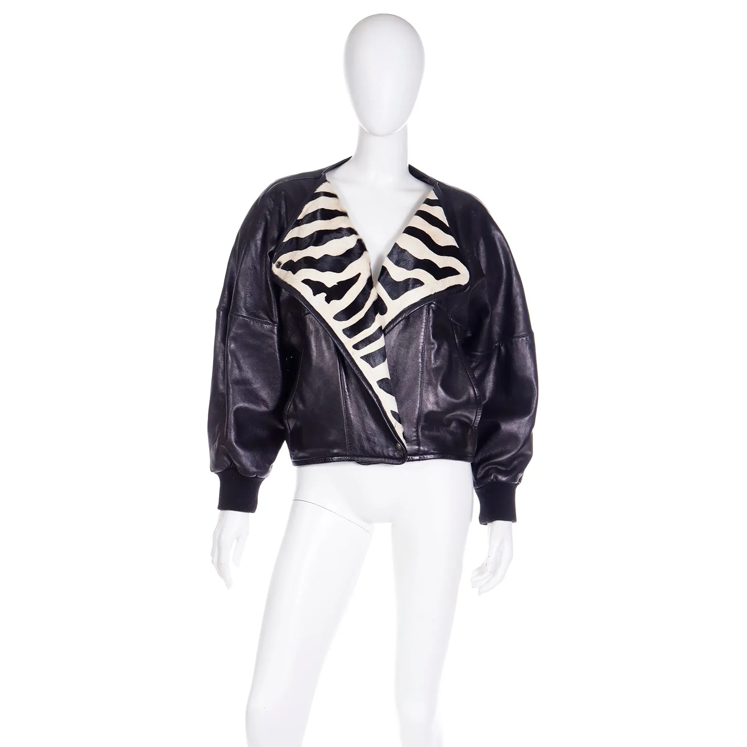 1985 Claude Montana Ideal Cuir Black Lamb Leather Runway Jacket W Zebra Pony Fur