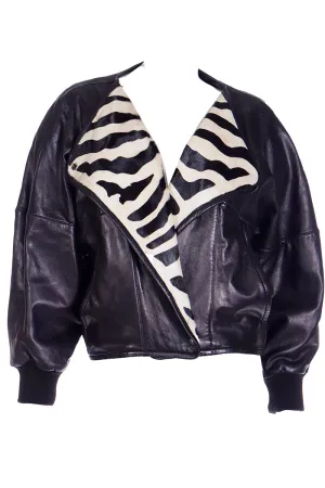 1985 Claude Montana Ideal Cuir Black Lamb Leather Runway Jacket W Zebra Pony Fur