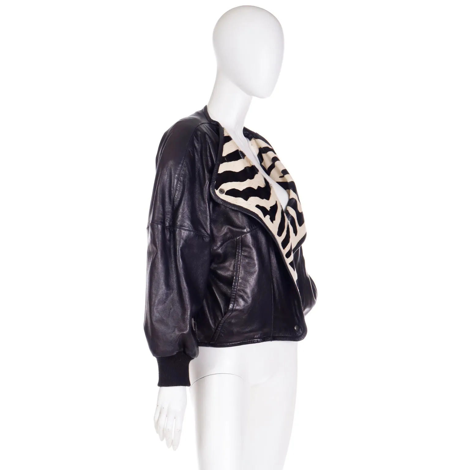 1985 Claude Montana Ideal Cuir Black Lamb Leather Runway Jacket W Zebra Pony Fur