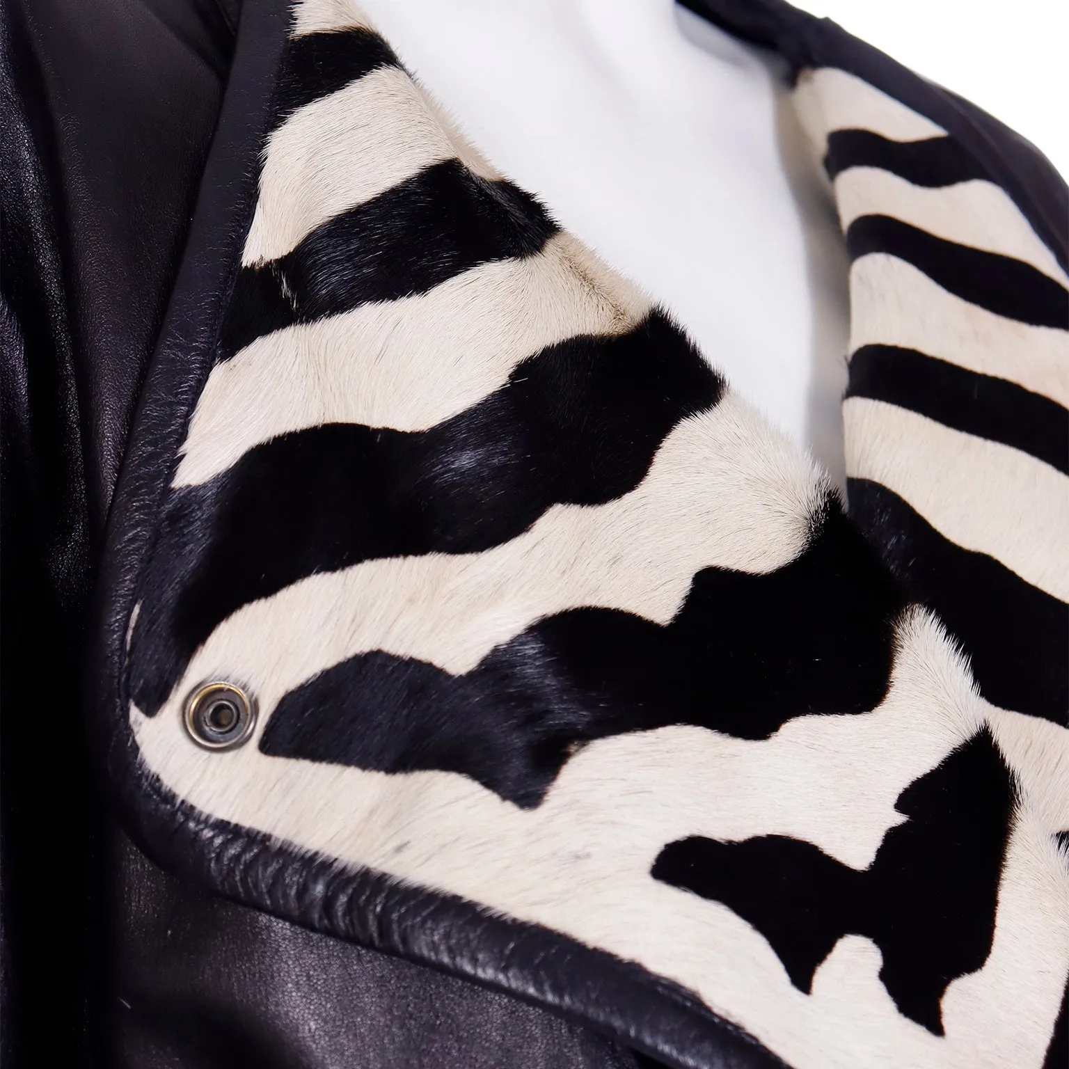 1985 Claude Montana Ideal Cuir Black Lamb Leather Runway Jacket W Zebra Pony Fur