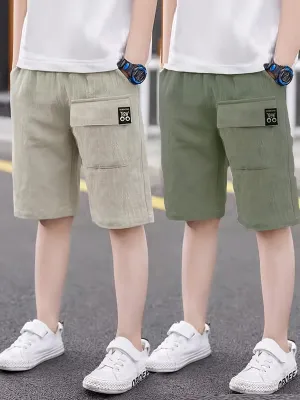 2pcs Boys Ultra-Soft Elastic Waist Solid Cotton Shorts - Trendy & Comfortable, Creative Design for Summer Outdoor Adventures