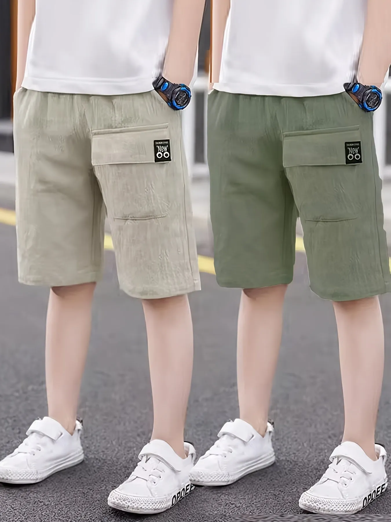 2pcs Boys Ultra-Soft Elastic Waist Solid Cotton Shorts - Trendy & Comfortable, Creative Design for Summer Outdoor Adventures