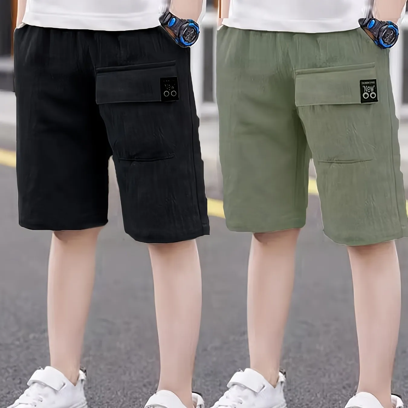 2pcs Boys Ultra-Soft Elastic Waist Solid Cotton Shorts - Trendy & Comfortable, Creative Design for Summer Outdoor Adventures