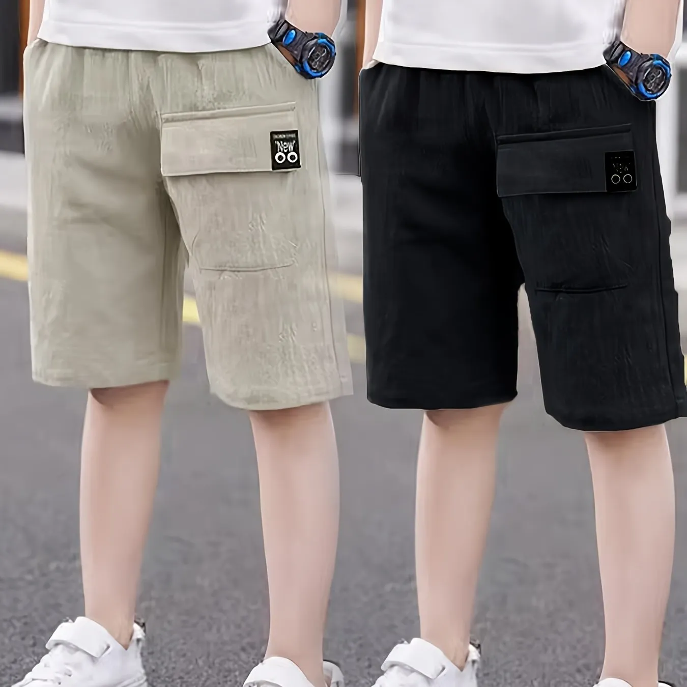 2pcs Boys Ultra-Soft Elastic Waist Solid Cotton Shorts - Trendy & Comfortable, Creative Design for Summer Outdoor Adventures