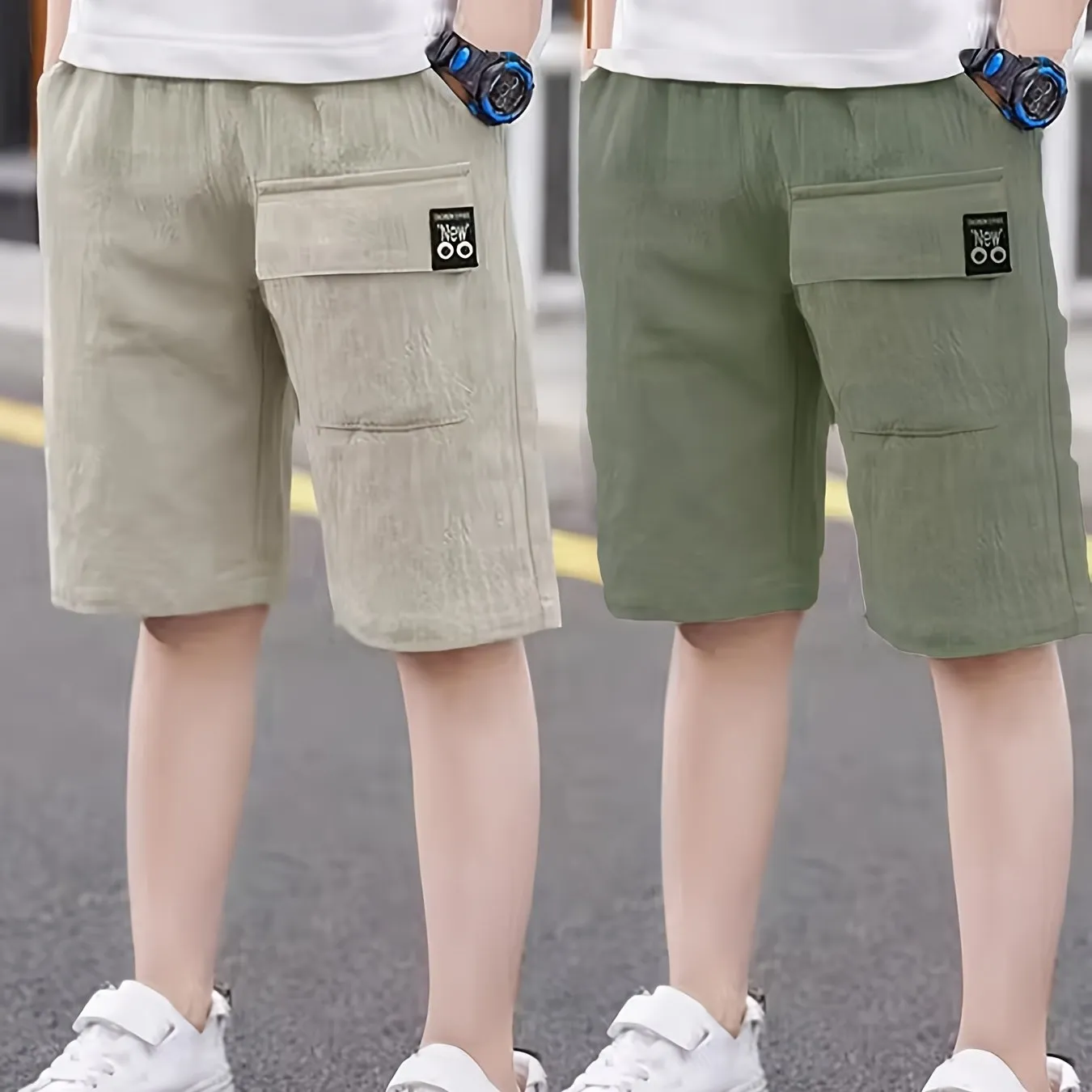 2pcs Boys Ultra-Soft Elastic Waist Solid Cotton Shorts - Trendy & Comfortable, Creative Design for Summer Outdoor Adventures