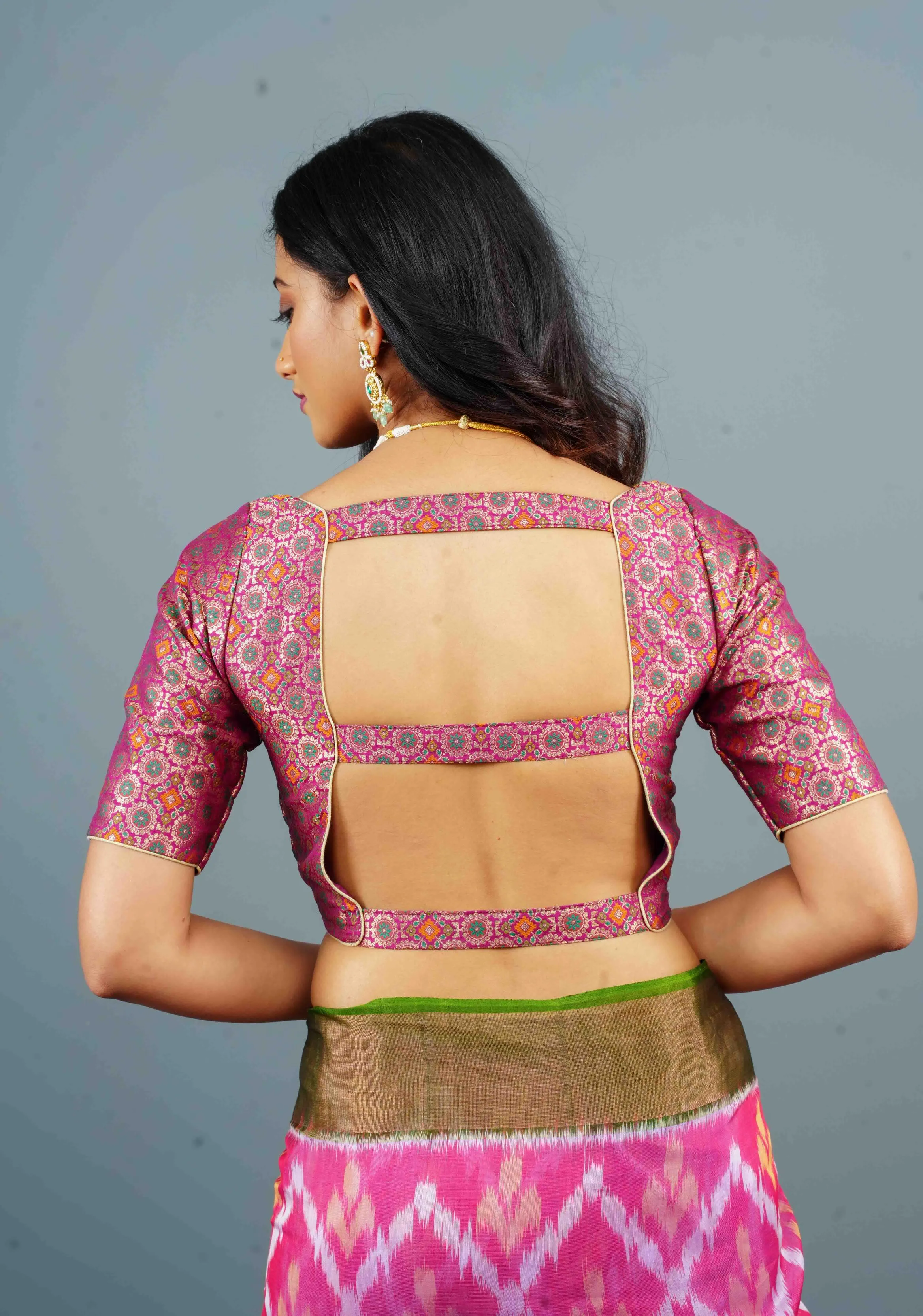 3 Strap Back, Banarasi Meenakari Brocade Blouse in Plum with Square Neck, Customizable, Made to Order