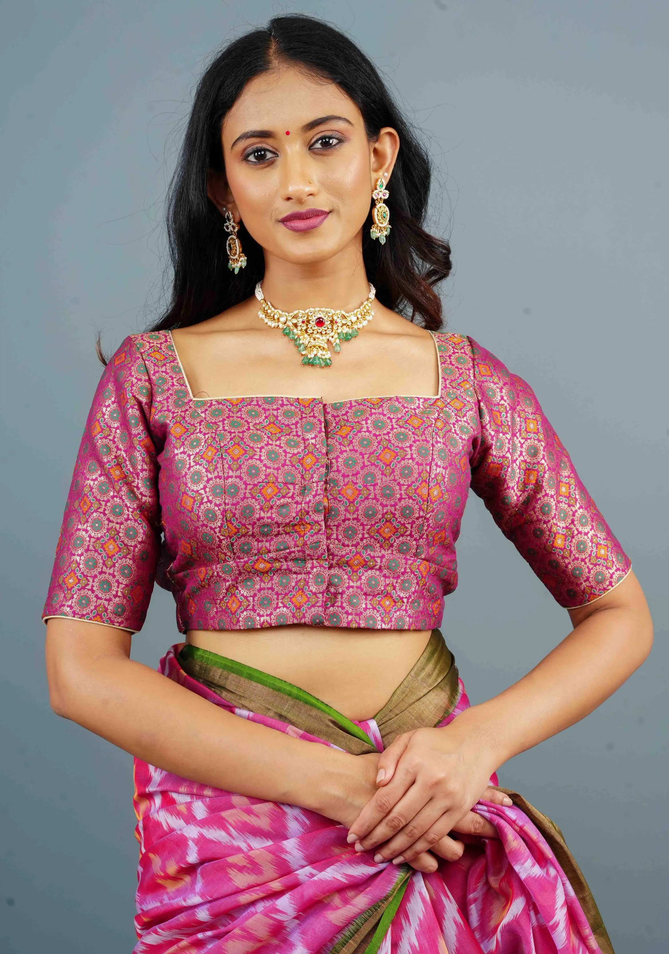 3 Strap Back, Banarasi Meenakari Brocade Blouse in Plum with Square Neck, Customizable, Made to Order