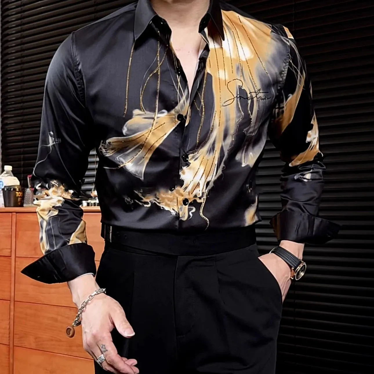 Aidase Flower Versatile Hot Diamond Color Contrast Shirt Camisas De Hombre New High Quality Luxury Rhinestones Shirt For Men Trend