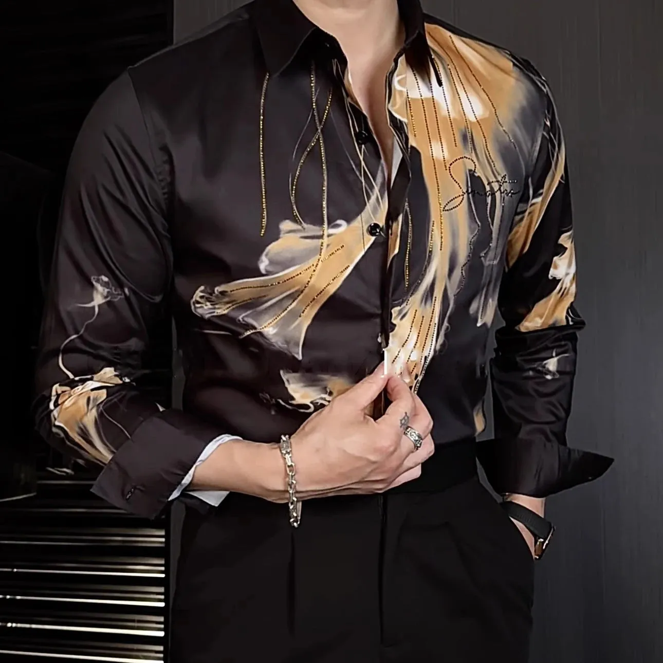 Aidase Flower Versatile Hot Diamond Color Contrast Shirt Camisas De Hombre New High Quality Luxury Rhinestones Shirt For Men Trend