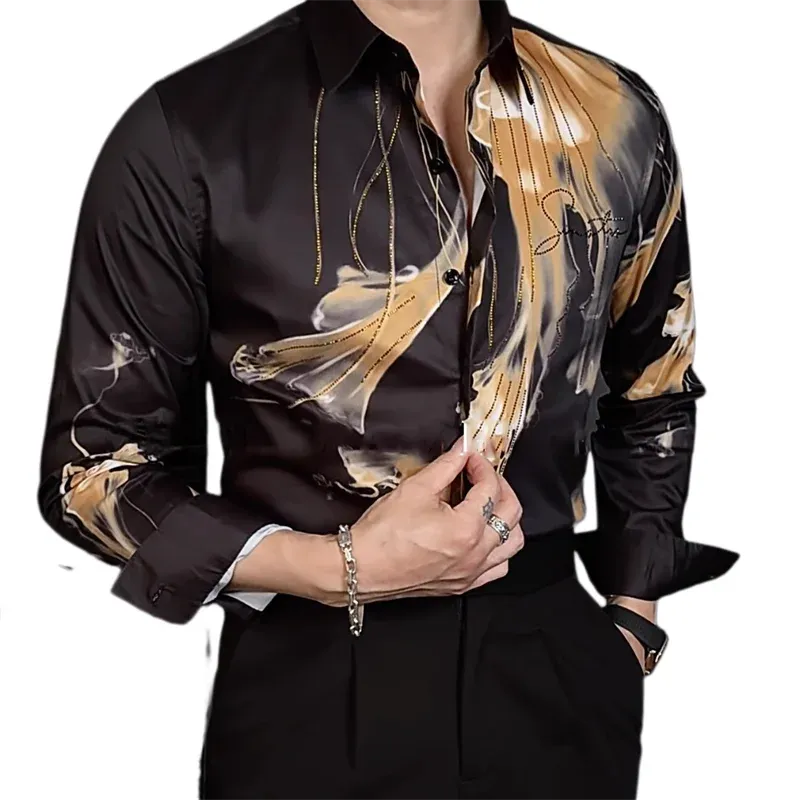 Aidase Flower Versatile Hot Diamond Color Contrast Shirt Camisas De Hombre New High Quality Luxury Rhinestones Shirt For Men Trend
