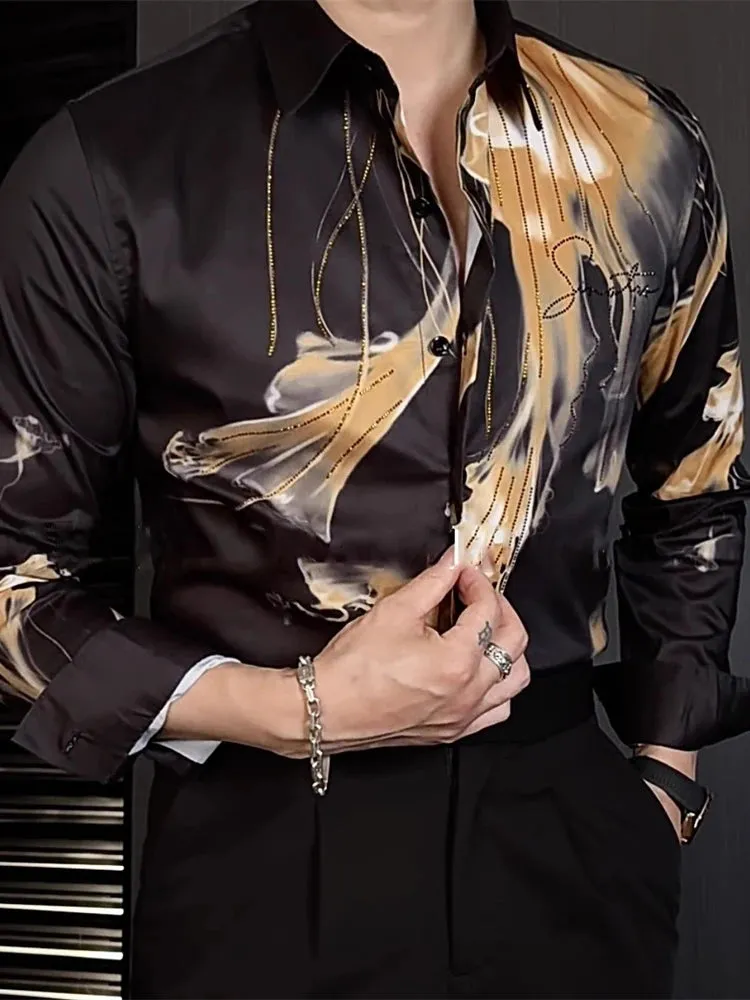 Aidase Flower Versatile Hot Diamond Color Contrast Shirt Camisas De Hombre New High Quality Luxury Rhinestones Shirt For Men Trend