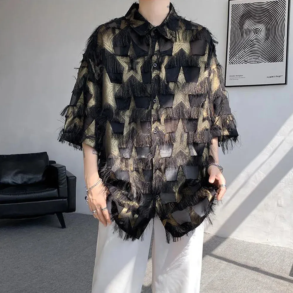 Aidase Mens Y2k Tassel Contrast Shirt Casual Street Wear Youth Trend Personality Versatile Couple Short-Sleeved Tops Unisex 2024 New
