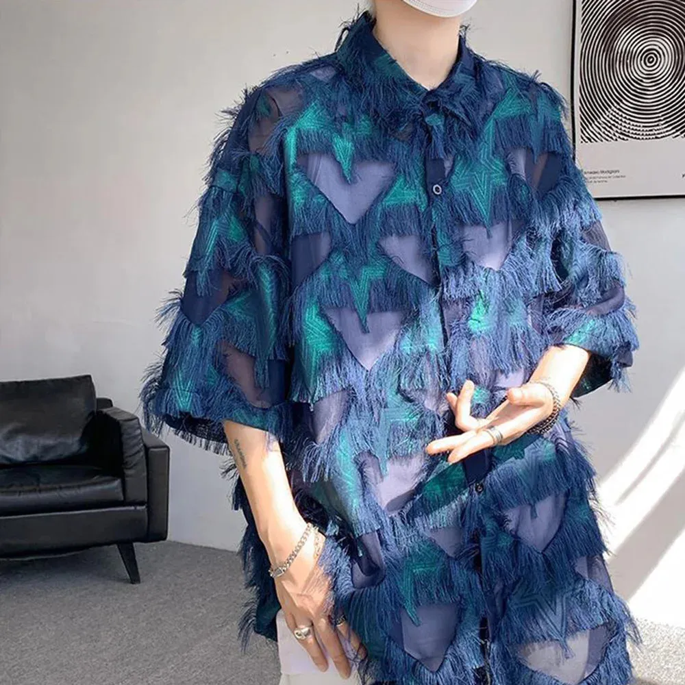 Aidase Mens Y2k Tassel Contrast Shirt Casual Street Wear Youth Trend Personality Versatile Couple Short-Sleeved Tops Unisex 2024 New