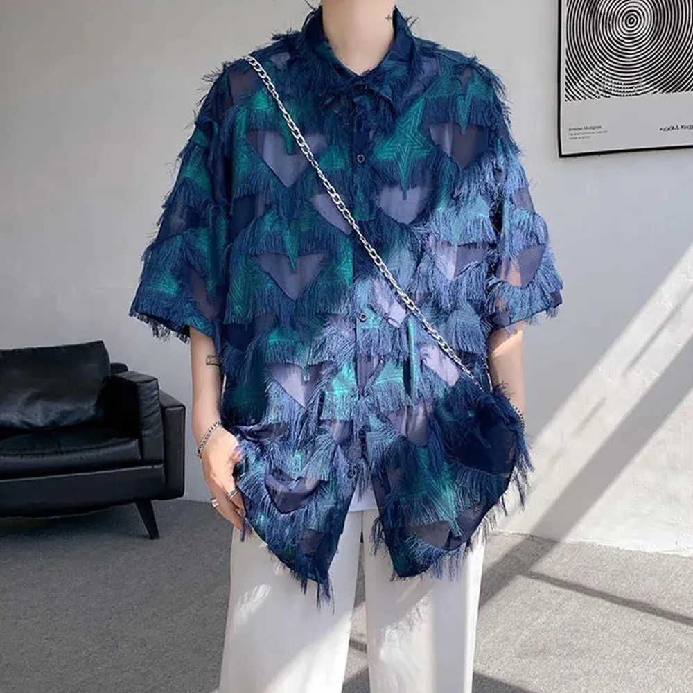 Aidase Mens Y2k Tassel Contrast Shirt Casual Street Wear Youth Trend Personality Versatile Couple Short-Sleeved Tops Unisex 2024 New