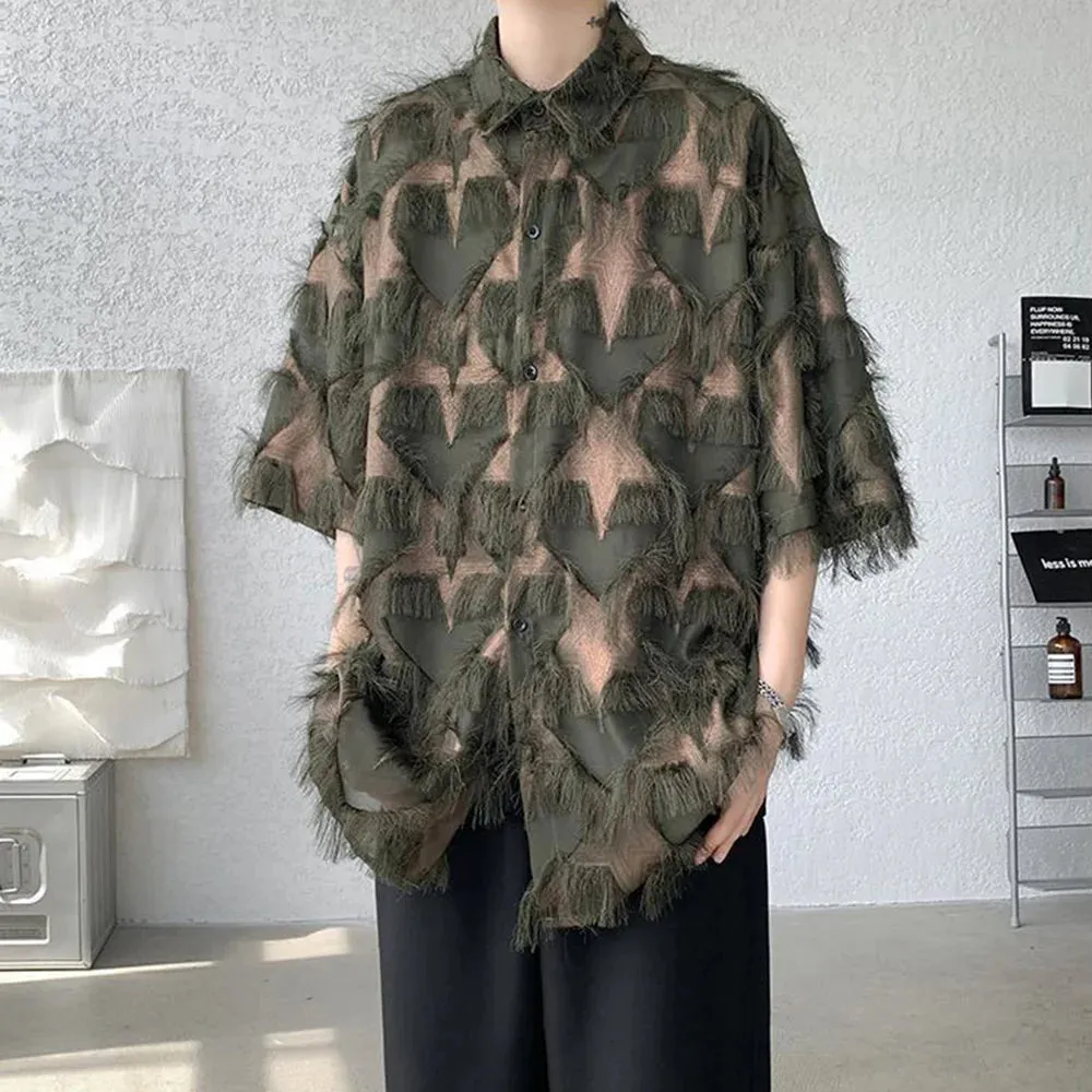Aidase Mens Y2k Tassel Contrast Shirt Casual Street Wear Youth Trend Personality Versatile Couple Short-Sleeved Tops Unisex 2024 New