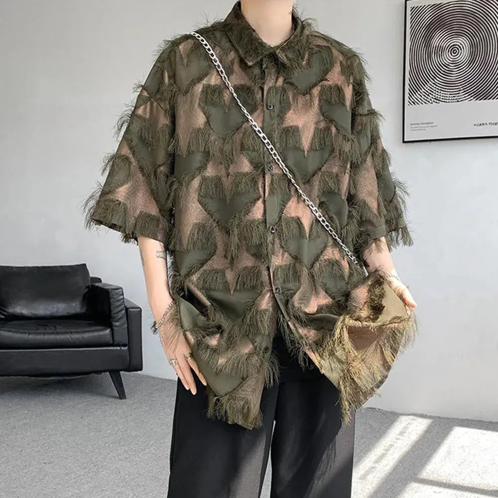 Aidase Mens Y2k Tassel Contrast Shirt Casual Street Wear Youth Trend Personality Versatile Couple Short-Sleeved Tops Unisex 2024 New