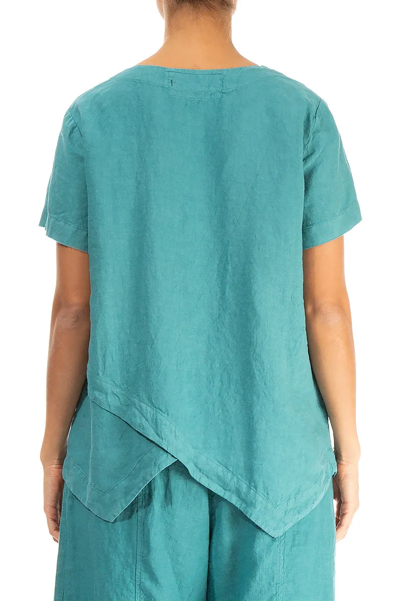 Angled Hem Turquoise Linen Top