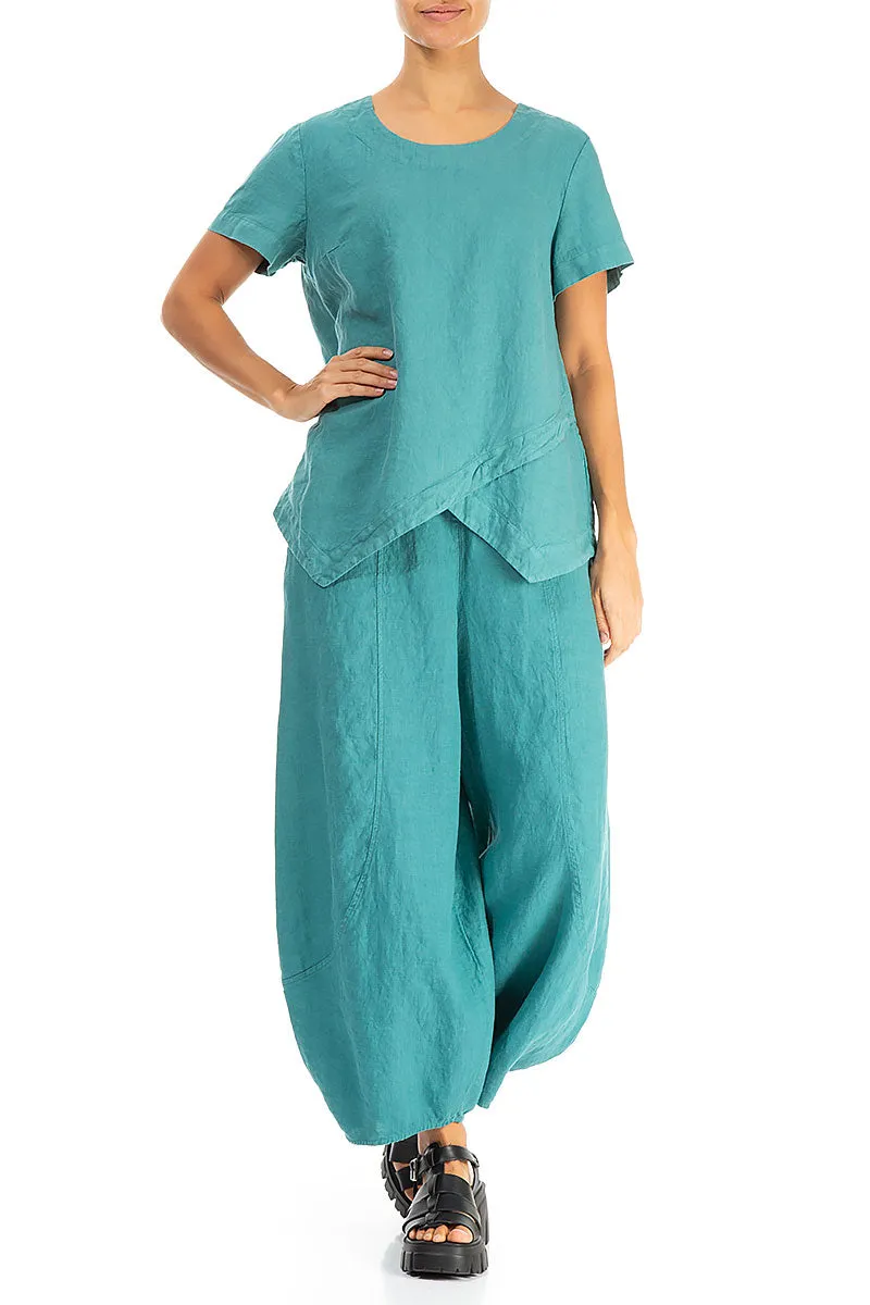 Angled Hem Turquoise Linen Top