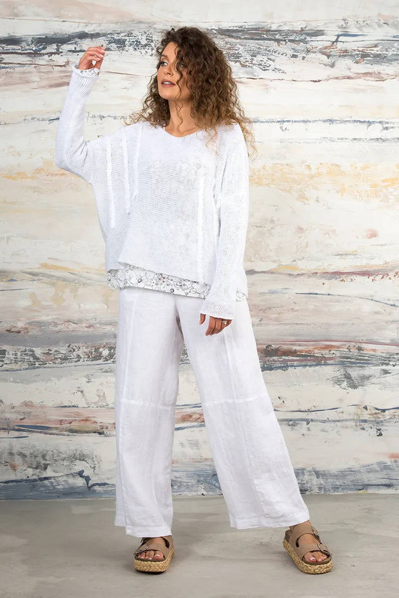 Back Pockets White Linen Trousers