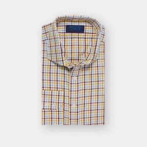 Contemporary Fit Cream & Burgundy Check Brushed Cotton Shirt with Cut-away Collar & Two Button Cuff