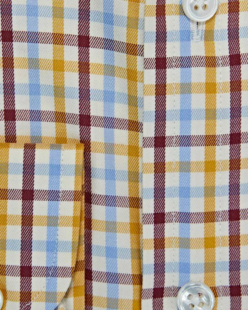Contemporary Fit Cream & Burgundy Check Brushed Cotton Shirt with Cut-away Collar & Two Button Cuff