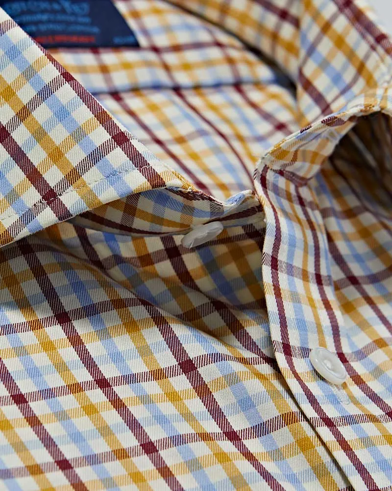 Contemporary Fit Cream & Burgundy Check Brushed Cotton Shirt with Cut-away Collar & Two Button Cuff