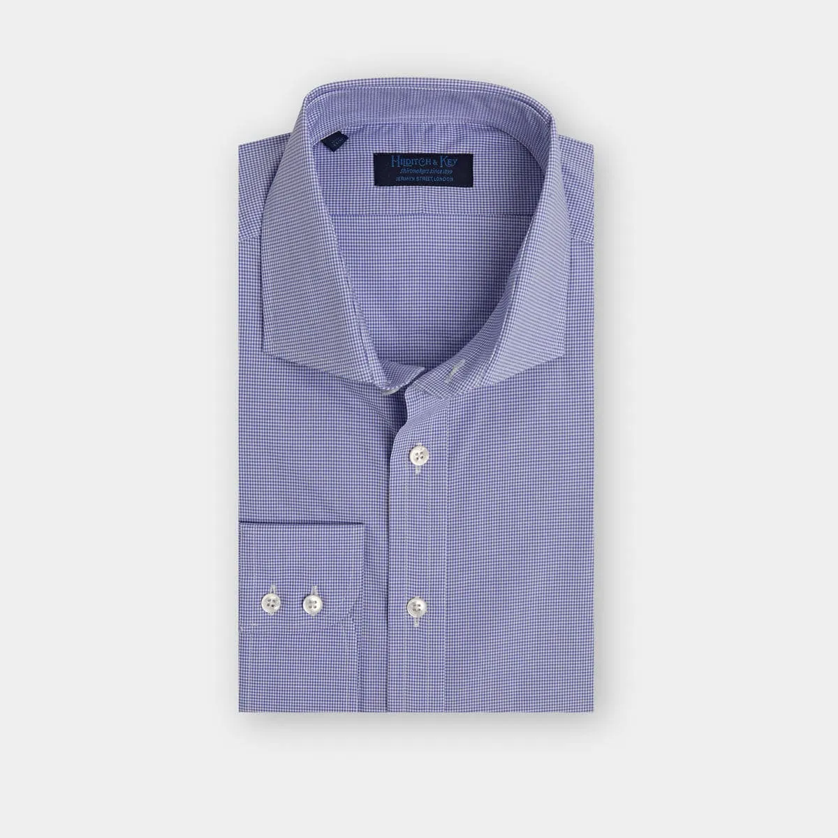 Contemporary Fit, Cut-away Collar, 2 Button Cuff Shirt in a Blue & White Shepherds Check Poplin Cotton