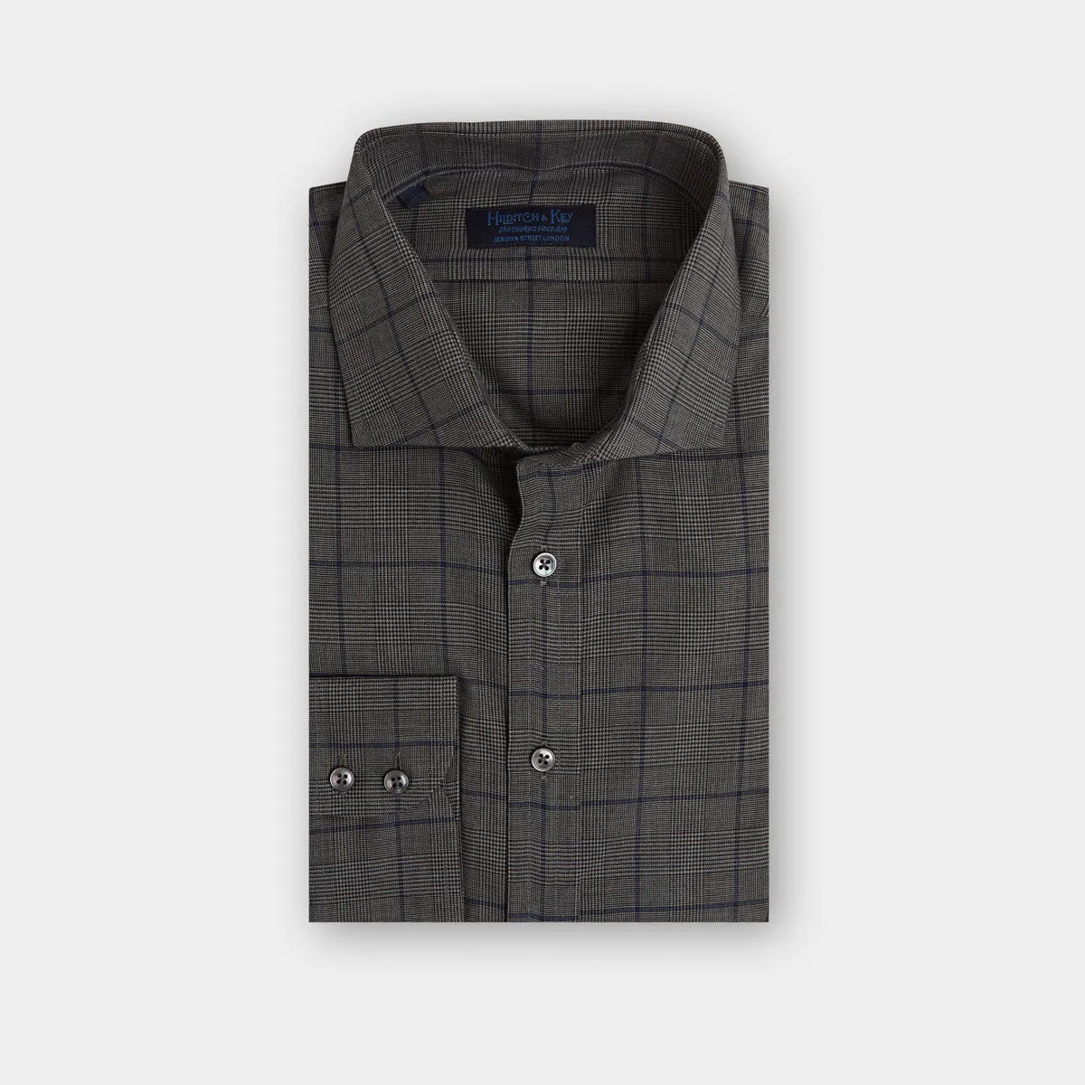 Contemporary Fit, Cut-away Collar, 2 Button Cuff Shirt in a Grey, Black & Navy Check Twill Cotton