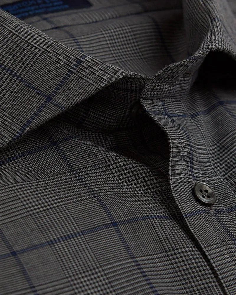 Contemporary Fit, Cut-away Collar, 2 Button Cuff Shirt in a Grey, Black & Navy Check Twill Cotton