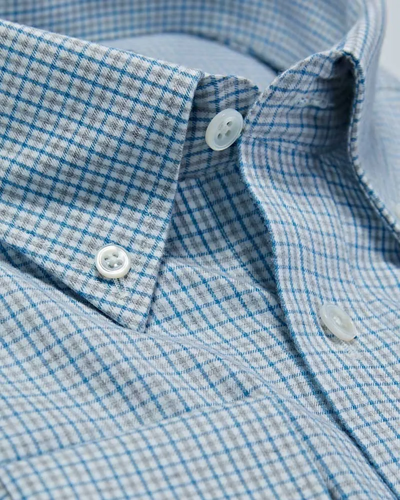 Contemporary Fit Grey & Blue Overcheck Cotton Shirt with Button Down Collar & Two Button Cuff