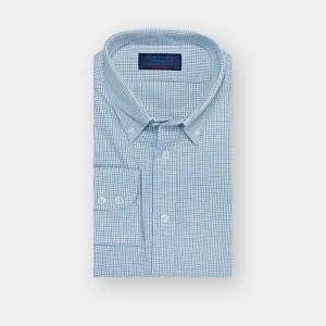Contemporary Fit Grey & Blue Overcheck Cotton Shirt with Button Down Collar & Two Button Cuff
