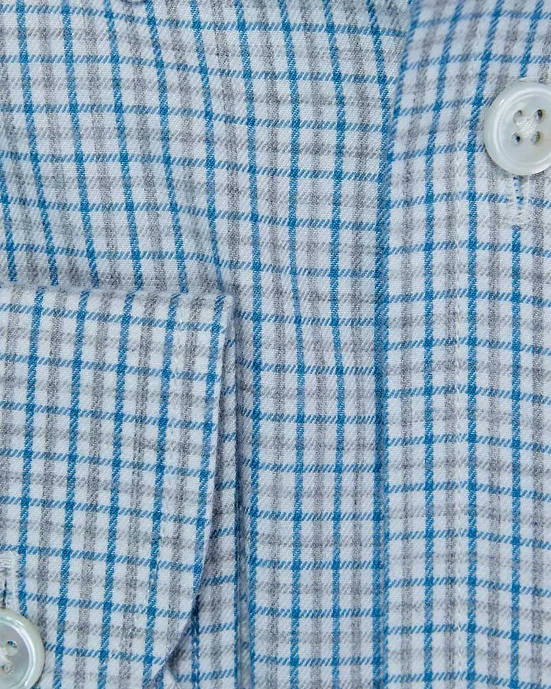 Contemporary Fit Grey & Blue Overcheck Cotton Shirt with Button Down Collar & Two Button Cuff