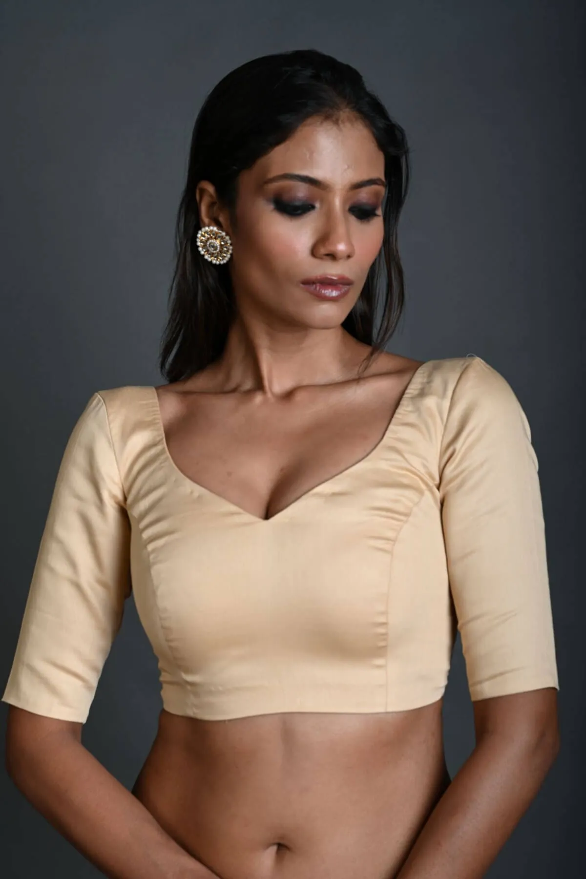 Cream Cotton Blouse with Sweetheart Neckline and Half Sleeves