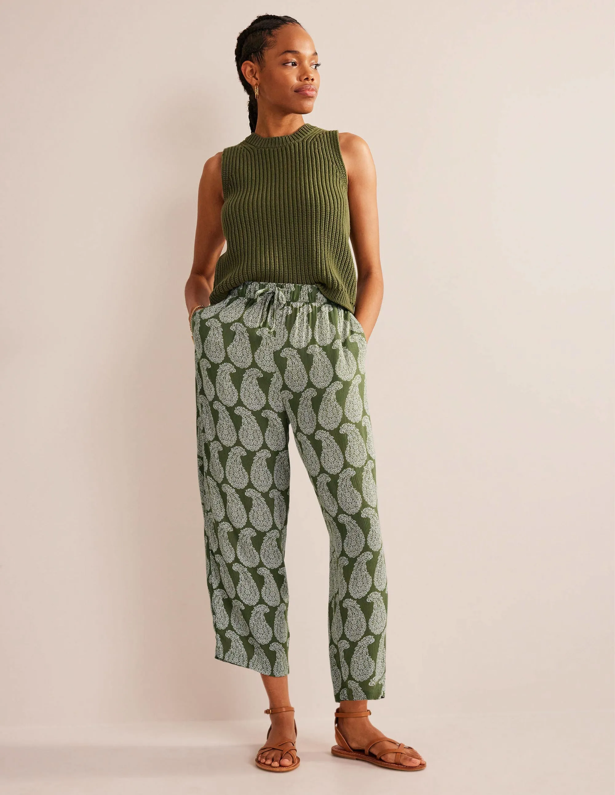 Crinkle Tapered Trousers-Spruce, Sweet Paisley