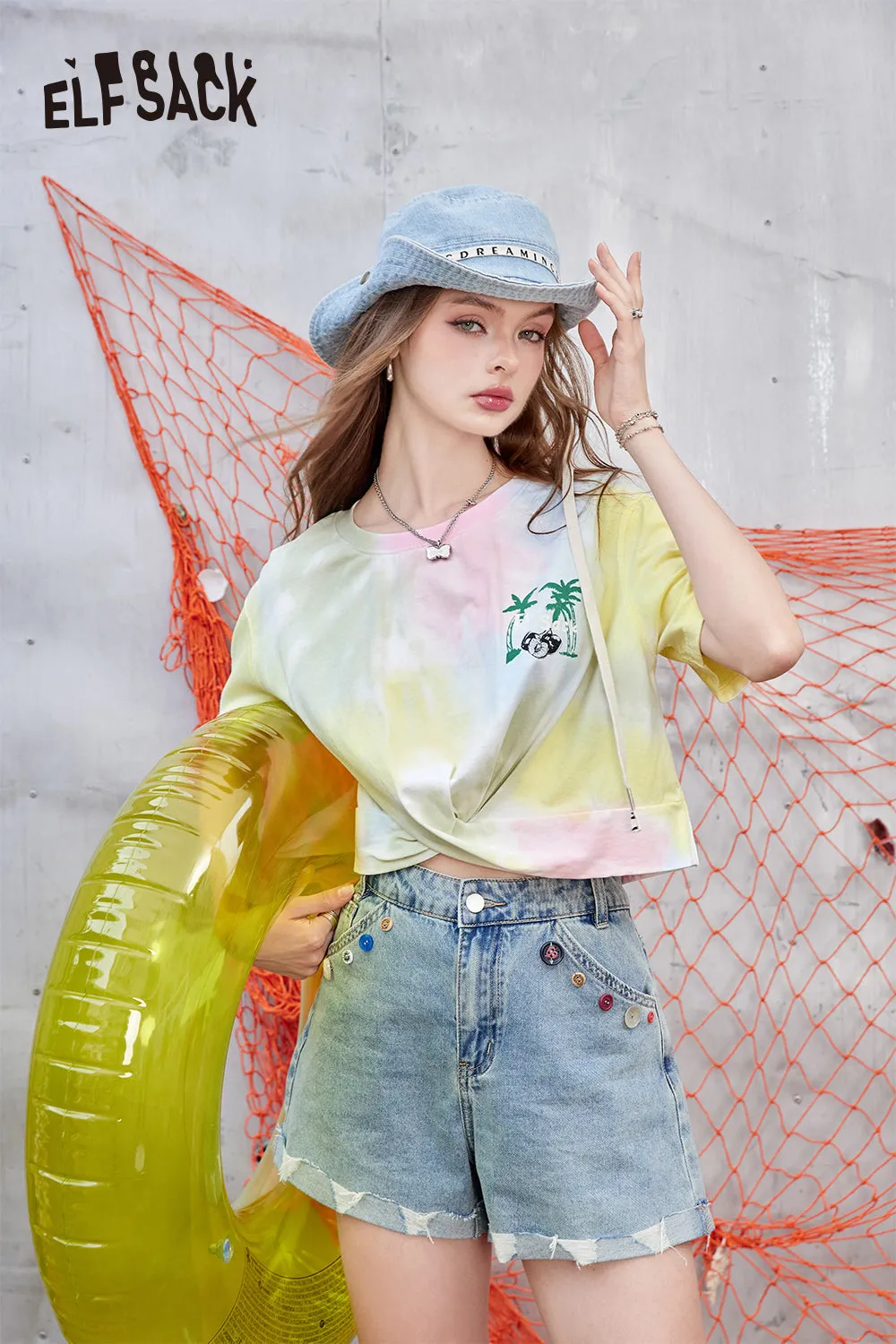 ELFSACK 2024 Summer New Arrivals Tie dye loose short sleeved T-shirt, women's design sense versatile top