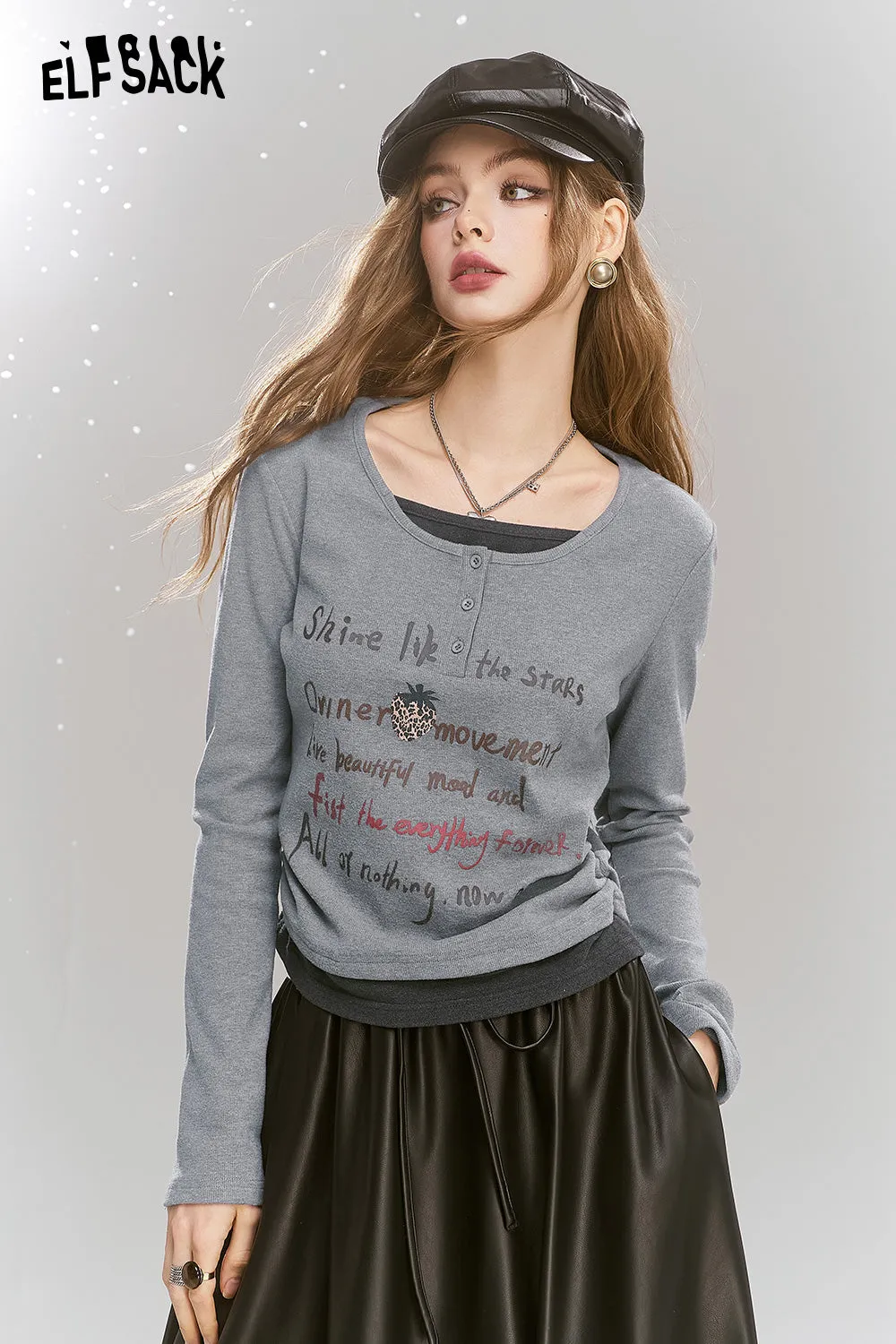 ELFSACK 2024 Winter New Arrivals Casual Versatile Letter Printed Grey Fake Two piece Long Sleeve Slimming T-shirt for Women's Casual Versatile