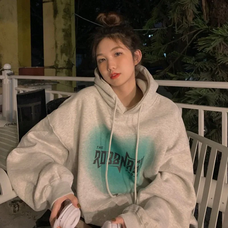 Fashionkova  Women's Grey Fashion Letter Printing Baggy Pullover Pocket Fleece Thicken Sweatshirt Lazy Casual Raglan Sleeves Hoodie Winter