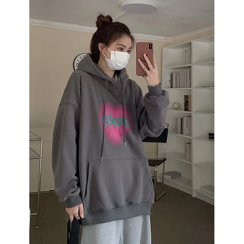 Fashionkova  Women's Grey Fashion Letter Printing Baggy Pullover Pocket Fleece Thicken Sweatshirt Lazy Casual Raglan Sleeves Hoodie Winter