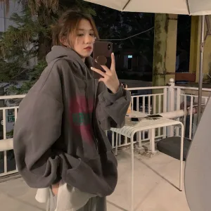 Fashionkova  Women's Grey Fashion Letter Printing Baggy Pullover Pocket Fleece Thicken Sweatshirt Lazy Casual Raglan Sleeves Hoodie Winter