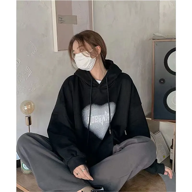 Fashionkova  Women's Grey Fashion Letter Printing Baggy Pullover Pocket Fleece Thicken Sweatshirt Lazy Casual Raglan Sleeves Hoodie Winter
