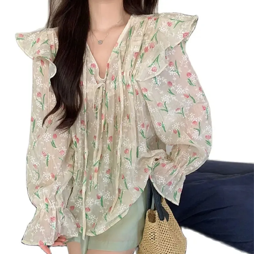 Girlary Autumn Chic Sweet Blouses Women Printed 2023 Full Sleeve New V-Neck Slim Loose Daily Elegant Office Lady Florals