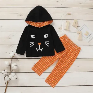 Girls Plaid Kitty Long Sleeve Hooded Jumper & Trousers