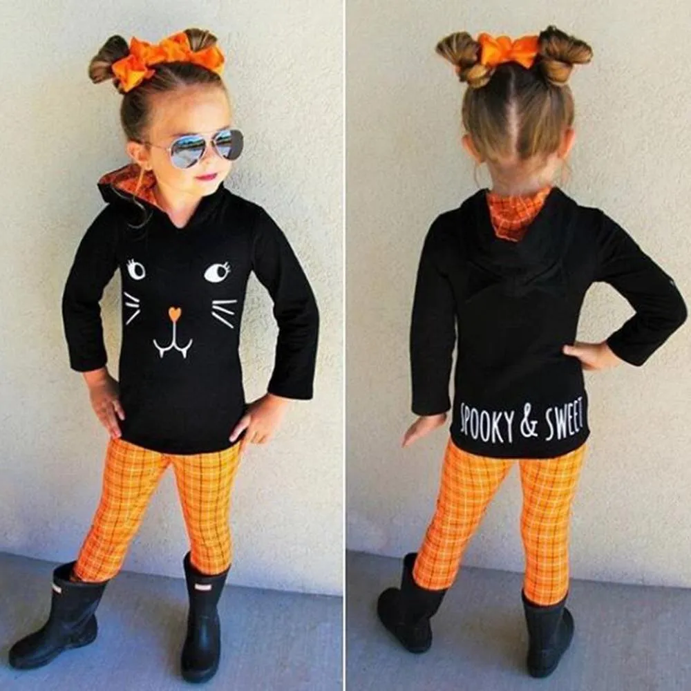 Girls Plaid Kitty Long Sleeve Hooded Jumper & Trousers