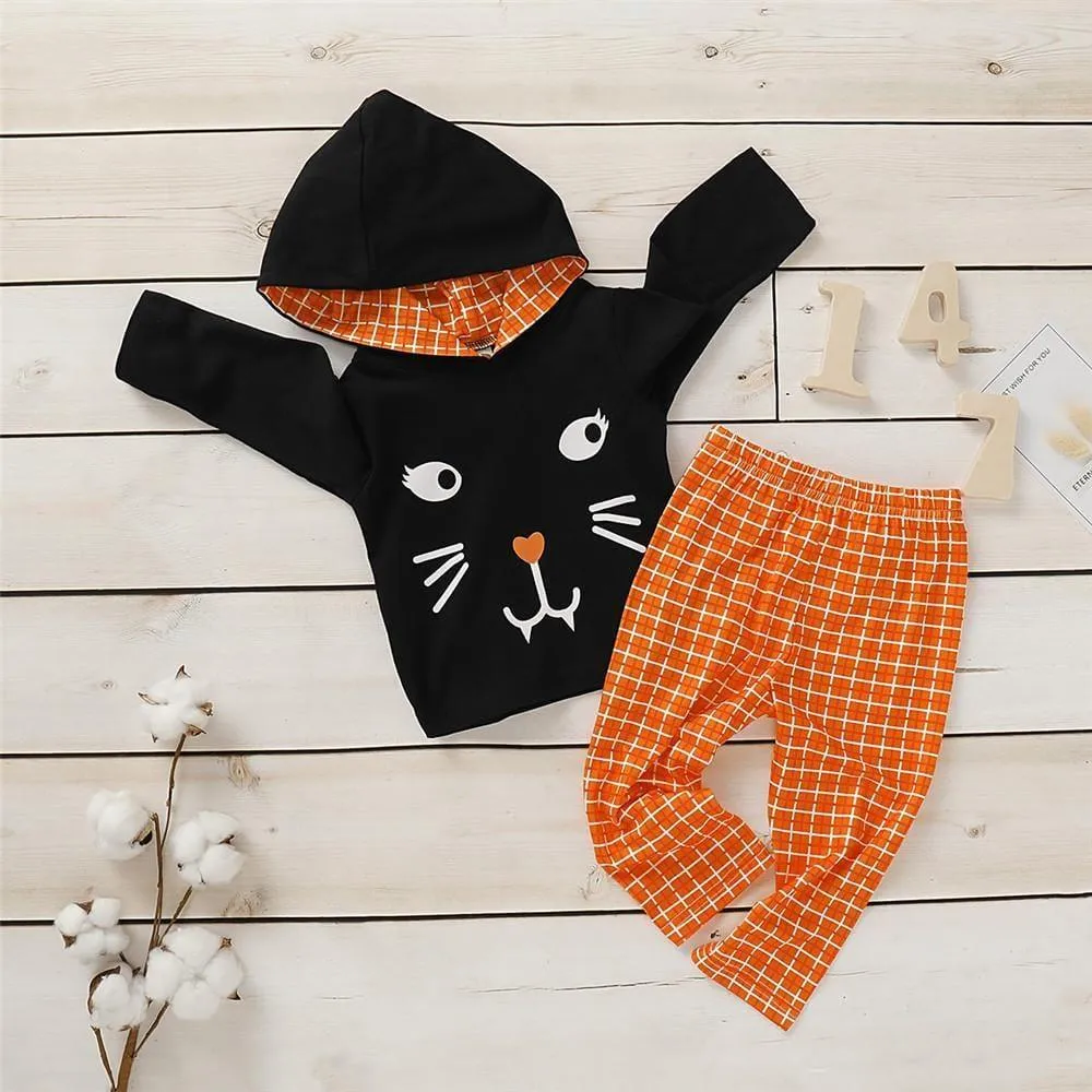 Girls Plaid Kitty Long Sleeve Hooded Jumper & Trousers