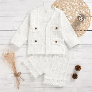 Girls White Button Long Sleeve Jacket & Tassel Shorts