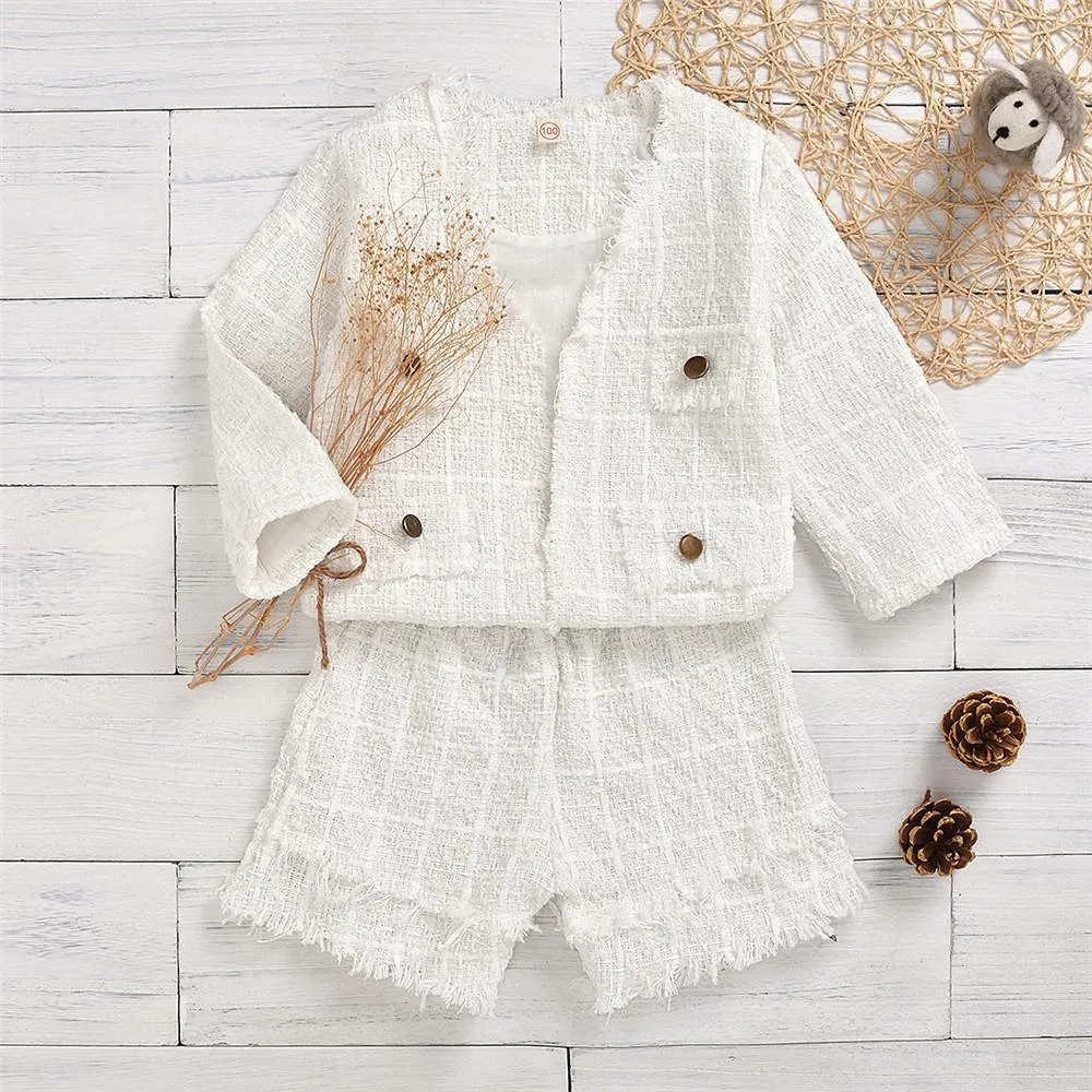 Girls White Button Long Sleeve Jacket & Tassel Shorts