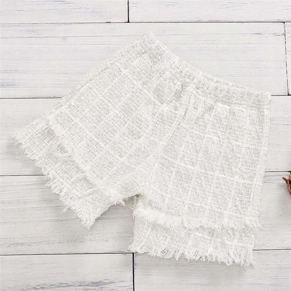 Girls White Button Long Sleeve Jacket & Tassel Shorts